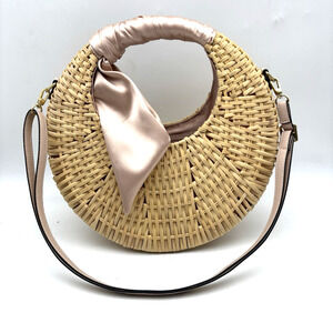 Vintage 00s Y2K SCOOP Beige Straw Pink Silk Wrap Round Crossbody Purse 12x6x6"